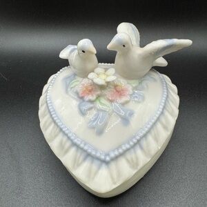 VTG White and Blue Heart Porcelain Trinket Box with Doves and Floral Accents